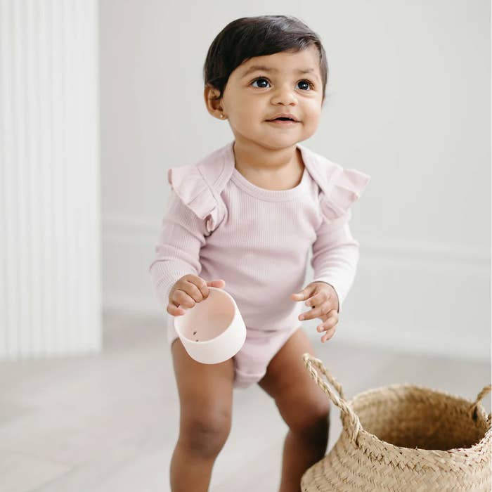 Waffle Ruffle Long Sleeve Bodysuit - Blush Pink 2