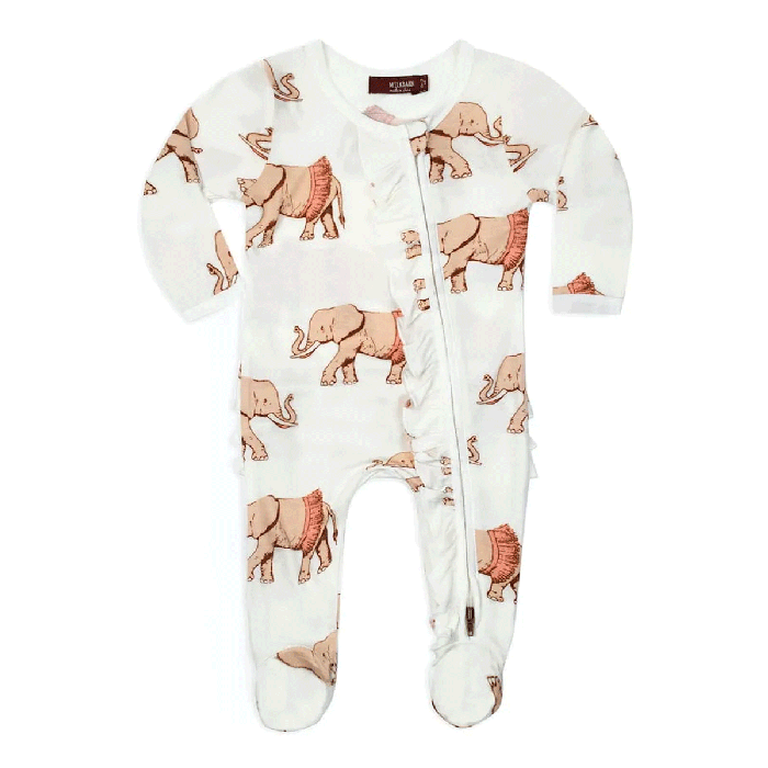 Bamboo Ruffle Zipper Footed Romper-Tutu Elephant